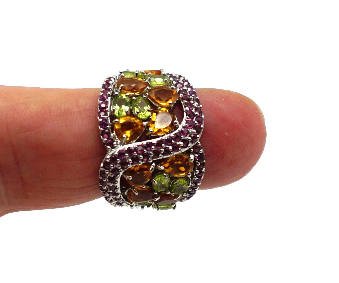 S317 Silberring mit Citrin, Peridot und Rodolith