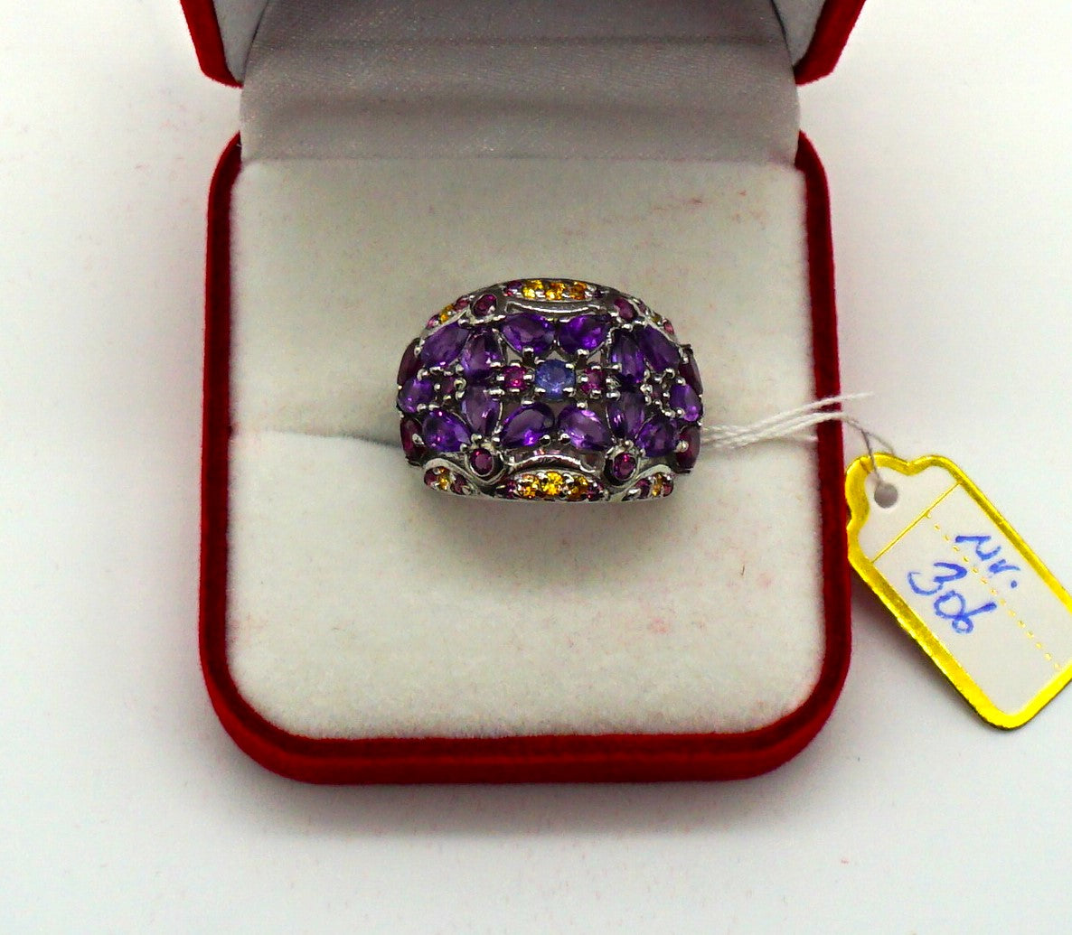 S306 Silberring mit Amethyst, Rodolith, Safire und Tansanite